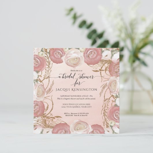 エレガントバラ金ゴールド絵を描ブライダル 招待状 (スタンド正面)