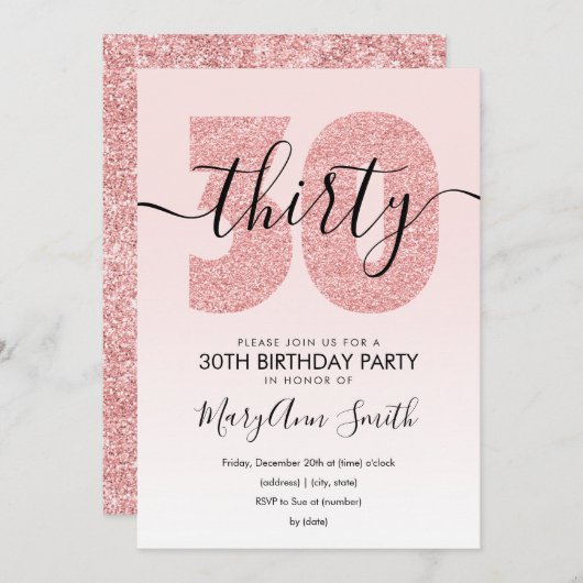 エレガントバラ金ゴールド赤面グリッター30th誕生日 招待状 (正面/裏面)