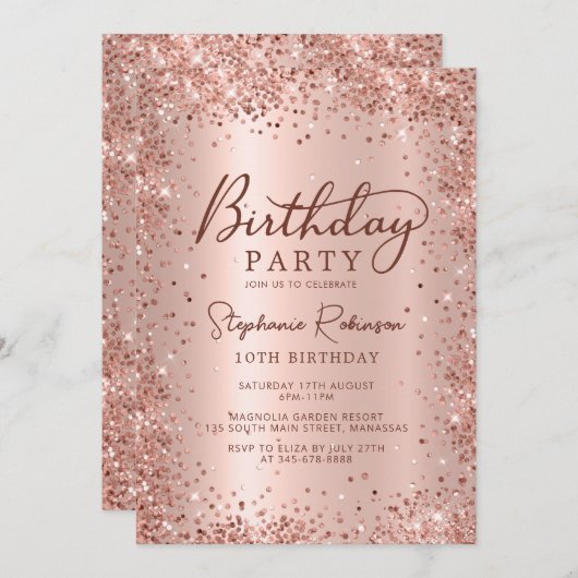 エレガントバラ金ゴールド金属グリッター10誕生日 招待状 (正面/裏面)
