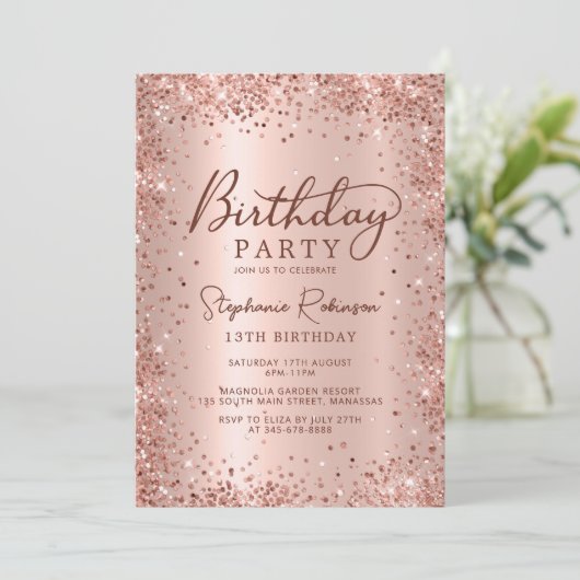 エレガントバラ金ゴールド金属グリッター13誕生日 招待状 (スタンド正面)