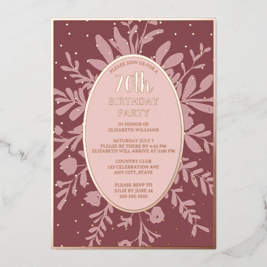 エレガントバラ金ゴールド70thカスタム誕生日パーティー 箔招待状 (正面)