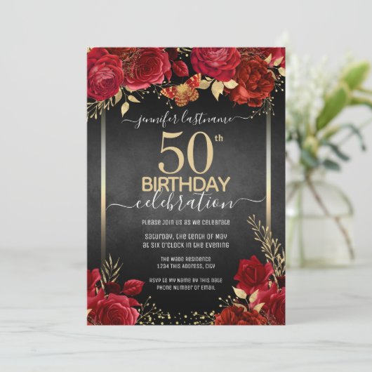 エレガントバラ50番目の誕生日招待状 招待状 (スタンド正面)