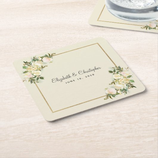 エレガントバラ |のパーソナライズされた水結婚色 スクエアペーパーコースター (アングル)