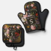 エレガントバロックの花はまだライフ絵画アート 鍋つかみ&鍋敷きセット (正面/裏面)