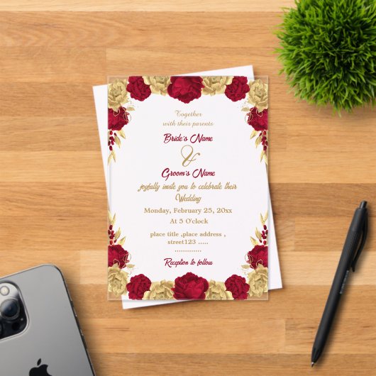 エレガントバーガンと金ゴールドのフローラフレ結婚ーム アクリル招待状 (インサイチュ (招待状))