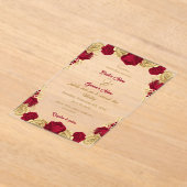 エレガントバーガンと金ゴールドのフローラフレ結婚ーム アクリル招待状 (レイダウン)