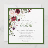 エレガントバーガンディエメラルドグリーンフローラ水彩 招待状 (正面)