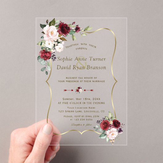 エレガントバーガンディピンクの花の金ゴールド結婚の アクリル招待状 (インサイチュ (ポータブル))