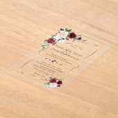 エレガントバーガンディピンクの花の金ゴールド結婚の アクリル招待状 (レイダウン)