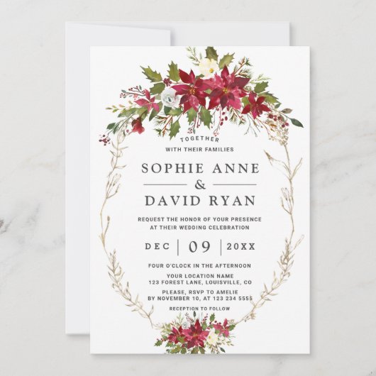 エレガントバーガンディピンクの花の金ゴールド結婚の 招待状 (正面)