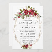 エレガントバーガンディピンクの花の金ゴールド結婚の 招待状 (正面/裏面)