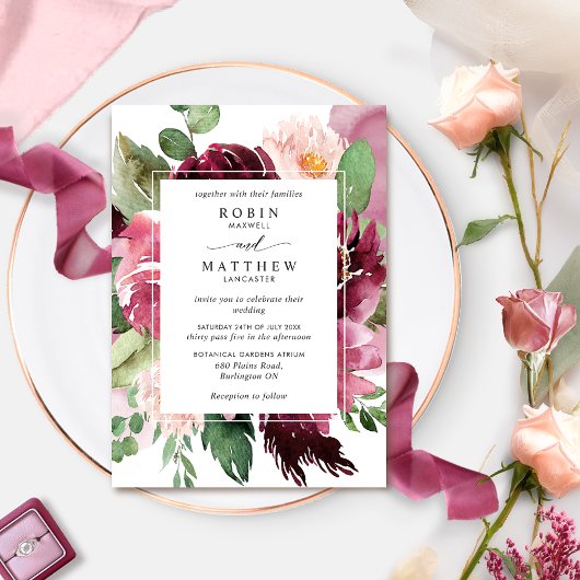 エレガントバーガンディーピンクフローラズ結婚ベリー 招待状