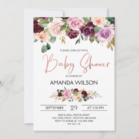 エレガントバーガンディ水彩フローラ赤ちゃんシャワー 招待状 (正面)