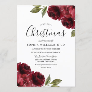 エレガントバーガンディ赤い花クリスマスパーティー 招待状