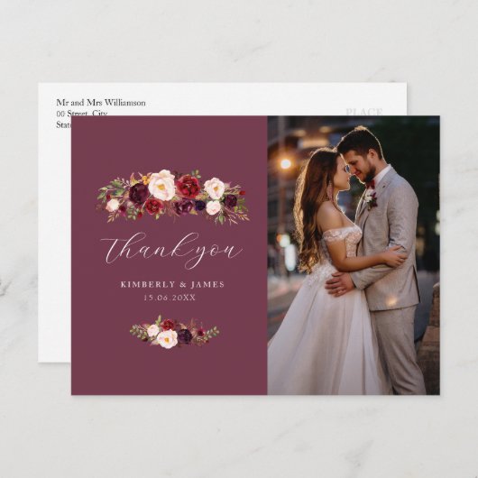 エレガントバーグンディと赤面の花結婚のあなた感謝していのための ポストカード (正面/裏面)