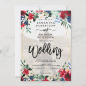 エレガントバーグンディフローラ金ゴールド結婚写真台本 招待状 (正面)