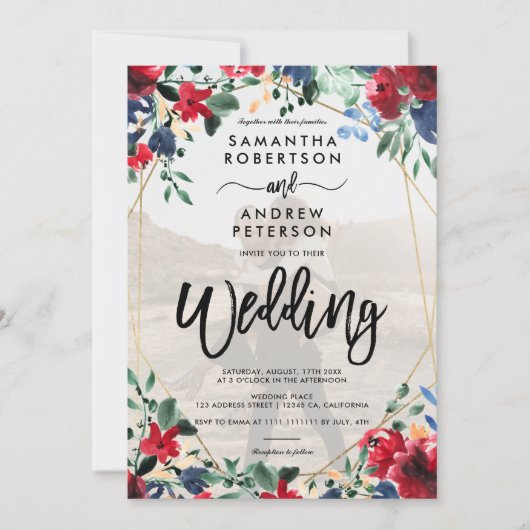 エレガントバーグンディフローラ金ゴールド結婚写真台本 招待状 (正面)