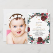 エレガントバーグンディ金ゴールドクリスマス洗礼写真 招待状 (正面)