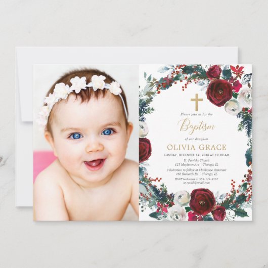 エレガントバーグンディ金ゴールドクリスマス洗礼写真 招待状 (正面)