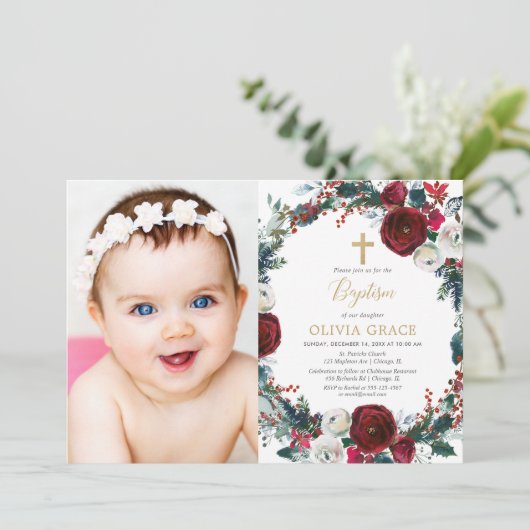 エレガントバーグンディ金ゴールドクリスマス洗礼写真 招待状 (スタンド正面)