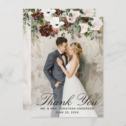 エレガントバーグンディ・ピンク・ローズ・フローラ2写真結婚の写真 サンキューカード (正面/裏面)