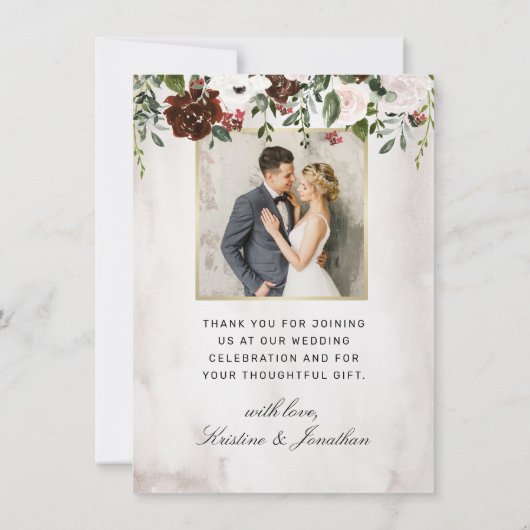 エレガントバーグンディ・ピンク・ローズ・フローラ2写真結婚の写真 サンキューカード (裏面)