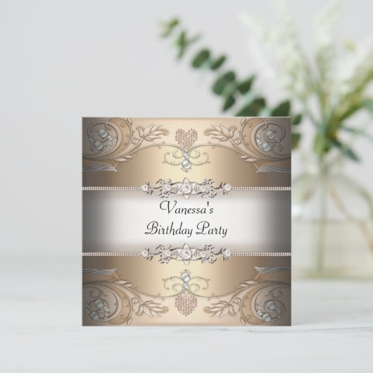 エレガントバースデーパーティセピアコーヒーベージュ 招待状 (スタンド正面)