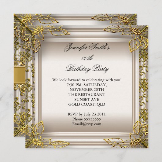 エレガントバースデーパーティベージュクリームダマスク 招待状 (正面/裏面)