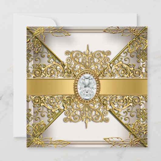 エレガントバースデーパーティベージュクリームダマスク 招待状 (裏面)