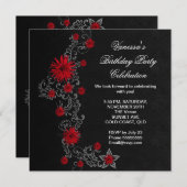 エレガントバースデーパーティレッドブラックシルバーフローラ 招待状 (正面/裏面)
