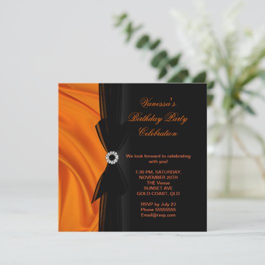 エレガントバースデーパーティーオレンジシルクブラック 招待状 (スタンド正面)