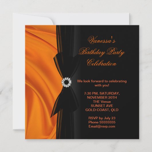 エレガントバースデーパーティーオレンジシルクブラック 招待状 (正面)