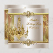 エレガントバースデーパーティークリーム金ゴールドパールシャンデリア 招待状 (正面/裏面)