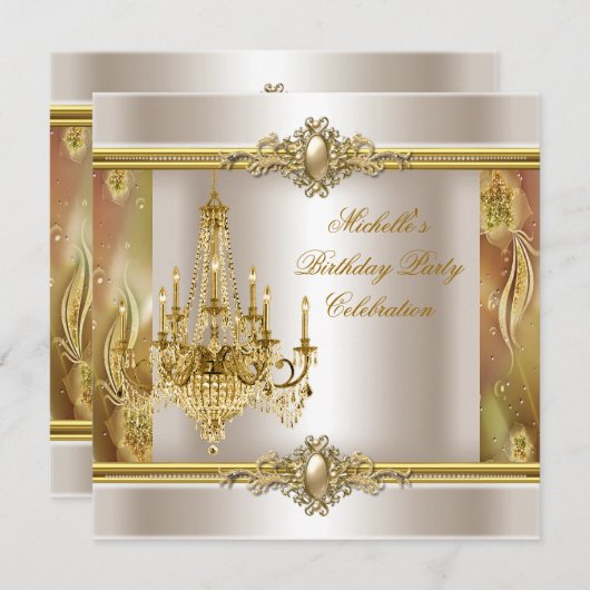 エレガントバースデーパーティークリーム金ゴールドパールシャンデリア 招待状 (正面/裏面)
