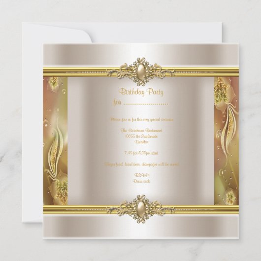 エレガントバースデーパーティークリーム金ゴールドパールシャンデリア 招待状 (裏面)