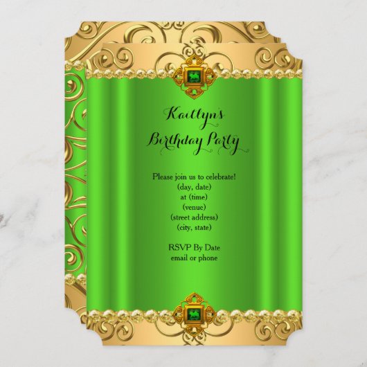エレガントバースデーパーティーグリーンライムダマスク金ゴールドC2 招待状 (正面/裏面)