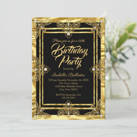 エレガントバースデーパーティーゴールデンブラック金ゴールド宝石 招待状 (スタンド正面)