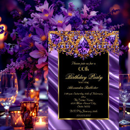 エレガントバースデーパーティーシルクパープルジュエル金ゴールド 招待状
