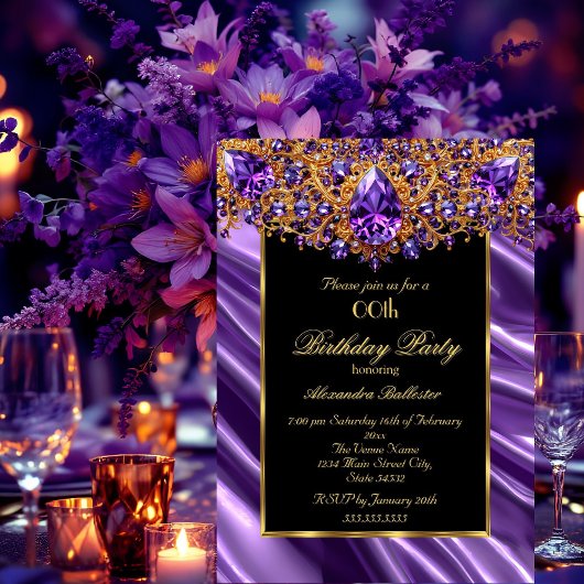 エレガントバースデーパーティーシルクパープルジュエル金ゴールド 招待状