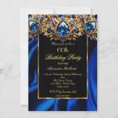 エレガントバースデーパーティーシルクブルー王室のジュエル金ゴールド 招待状 (正面)