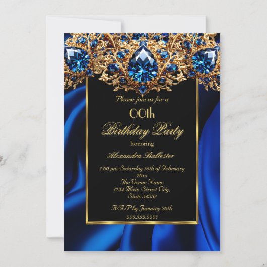 エレガントバースデーパーティーシルクブルー王室のジュエル金ゴールド 招待状 (正面)