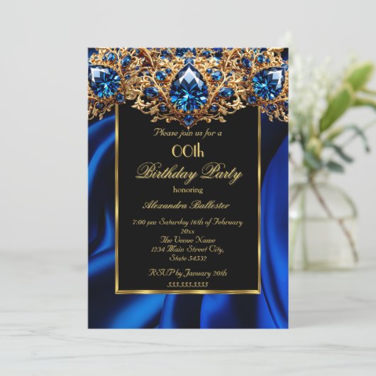 エレガントバースデーパーティーシルクブルー王室のジュエル金ゴールド 招待状 (スタンド正面)