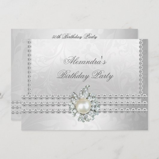 エレガントバースデーパーティーシルバーホワイトダイヤモンドパール 招待状 (正面/裏面)