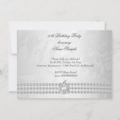 エレガントバースデーパーティーシルバーホワイトダイヤモンドパール 招待状 (裏面)