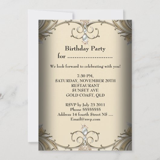 エレガントバースデーパーティーセピアコーヒー金ゴールド 招待状 (裏面)