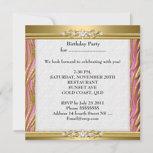 エレガントバースデーパーティーゼブラピンク金ゴールド 招待状 (裏面)