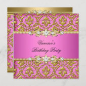 エレガントバースデーパーティーダマスピンク金ゴールド 招待状 (正面/裏面)