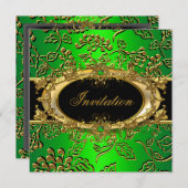 エレガントバースデーパーティーダマスライムグリーン金ゴールド 招待状 (正面/裏面)