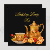 エレガントバースデーパーティーティーブラックレッド金ゴールド 招待状 (正面/裏面)