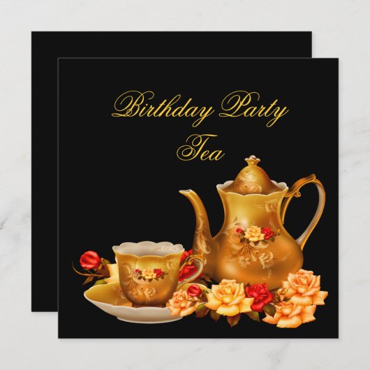 エレガントバースデーパーティーティーブラックレッド金ゴールド 招待状 (正面/裏面)